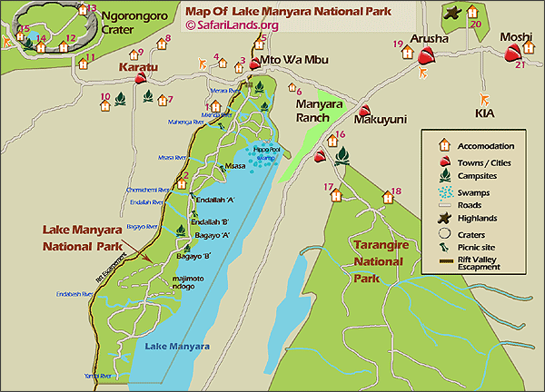 Lake Manyara National Park and Its sorroundings, click the map to expand and view details 