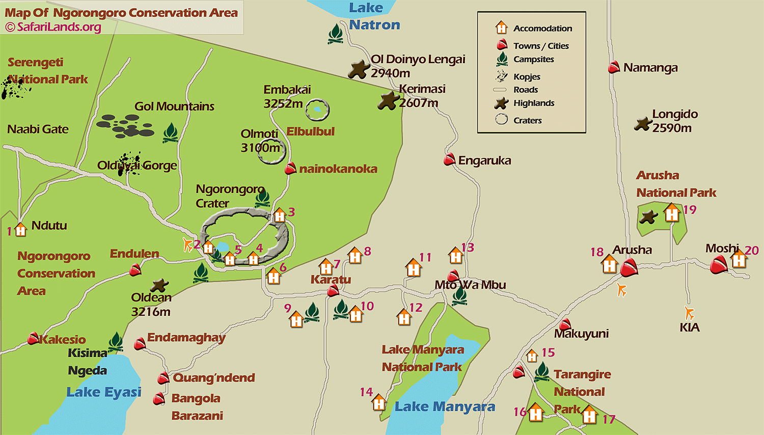 Map of the Ngorongoro Conservation Area (Crater) and its sorrounding Areas